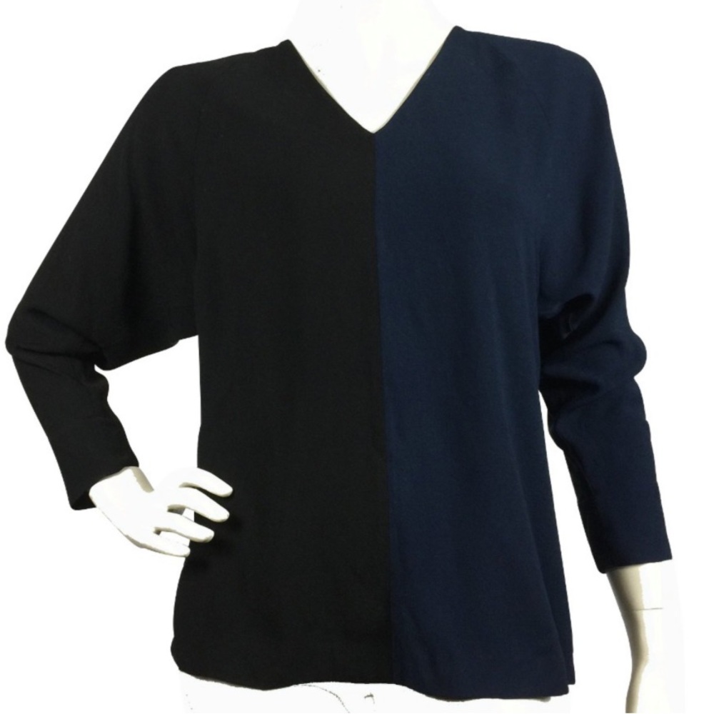 Fendi Black and Blue Color Block Long Sleeve Blouse Size 38